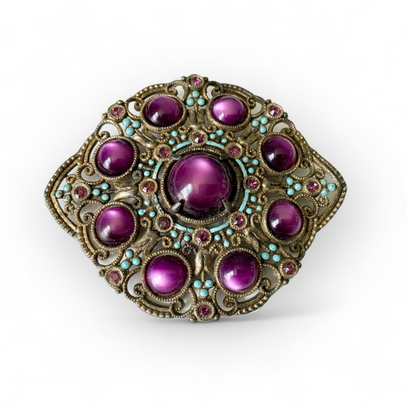 Large Antique Purple Cabochon Turquoise Enamel Austro Hungarian Brooch Sash Pin - Picture 7 of 7